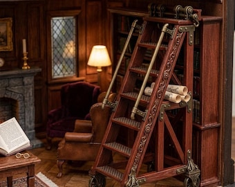 Può includere: Scena di biblioteca in miniatura con una scala mobile in legno scuro e dettagli in ottone. La biblioteca presenta librerie, un camino e una poltrona da lettura. La scena è illuminata da una calda lampada.
