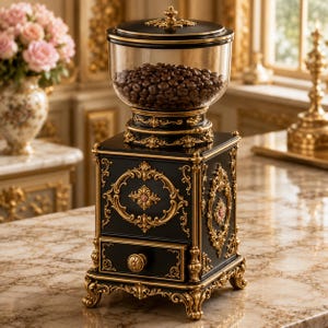 May include: A black and gold coffee bean grinder featuring an ornate rectangular base with a small drawer and a clear glass hopper on top filled with dark roasted coffee beans. The exterior is decorated with intricate gold filigree and scrollwork.