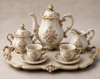 May include: A cream-colored tea set on a matching tray, featuring a teapot, sugar bowl, creamer, and two cups with saucers. Each piece is decorated with raised, sculpted pink rose floral motifs and intricate gold-toned scrollwork detailing.