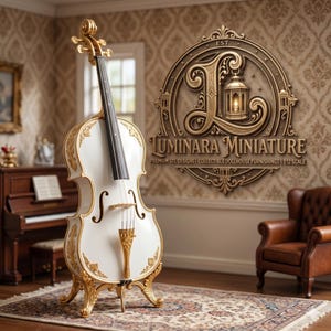 Puede incluir: Un violonchelo en miniatura blanco y dorado con detalles intrincados. El violonchelo presenta un diapasón negro y detalles dorados. La imagen también incluye un logotipo que dice "Luminara Miniature".