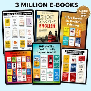 May include: A promotional image showcasing multiple e-books on tablets. The tablets display book covers with titles like "Short Stories in English" and "Atomic Habits." The image includes text that reads "3 Million E-Books" and "Limited time offer!"