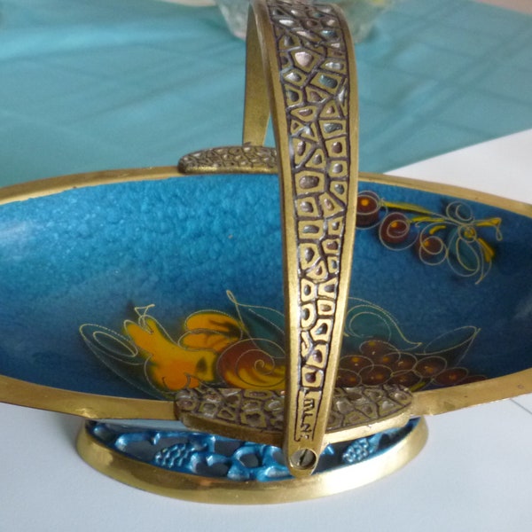 Vintage Judaica Brass and Enamel Fruit/Candy Dish with handle, Made in Israel