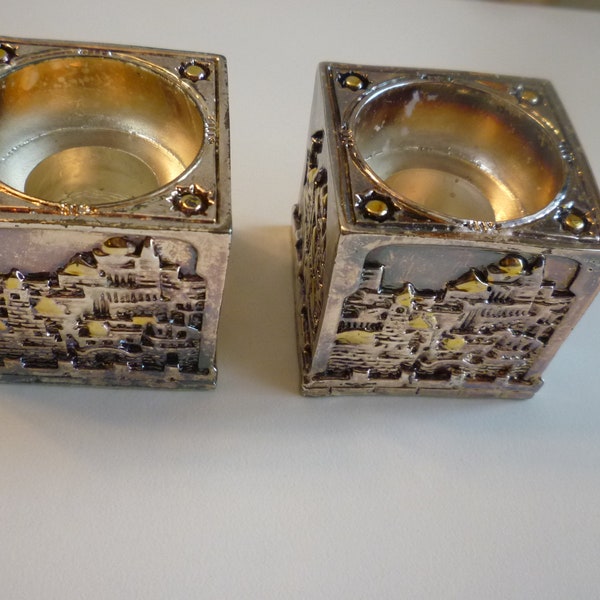 Silver Plated Square Sabbath Candle Holders Depicts Jerusalem