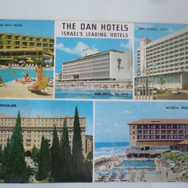 Vintage Judaica set of 2 Dan Hotels Post Cards from Israel with Israeli Stamp and Coin