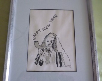 Vintage Judaica Happy New Year print with man blowing Shofar, by Kashner 1984 signed