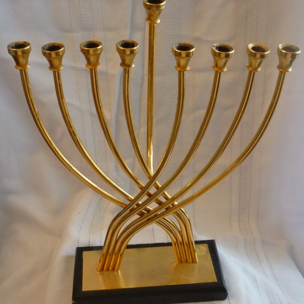 Vintage Judaica Unique Brass and Brass Plated Chanukah Menorah on Base