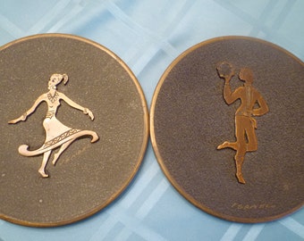 Vintage Judaica pair of brass Israeli dancers 8-1/4" wall hangings, by Hakuli, Israel