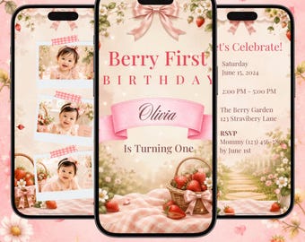 Könnte beinhalten: Drei Smartphone-Bildschirme zeigen eine digitale Geburtstagseinladungsvorlage mit Erdbeermotiv. Das Design umfasst rosa Schleifen, einen Weidenkorb mit Erdbeeren sowie den Text Berry First Birthday, Olivia und die Veranstaltungsdetails.