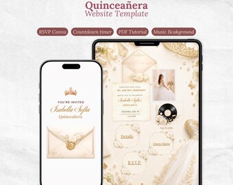 Könnte beinhalten: Eine Quinceañera-Website-Vorlage auf einem Smartphone und Tablet. Das Design zeigt goldene Akzente, florale Motive, ein Kronensymbol und Text inklusive Isabella Sofia Quinceañera. Enthält Schaltflächen für RSVP, Details, Open Maps und Musik.