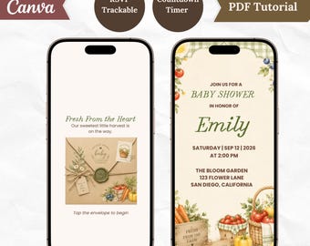 Könnte beinhalten: Zwei Smartphones zeigen eine digitale Babyparty-Einladungsvorlage mit einem Bauernhof-Thema. Die Bildschirme enthalten Text wie Fresh From the Heart, Join Us For A Baby Shower In Honor Of Emily sowie Veranstaltungsdetails und Gemüse-Grafiken.