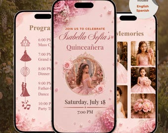 Könnte beinhalten: Drei Smartphones zeigen eine digitale Quinceañera-Einladung in Rosatönen. Die Bildschirme sind mit floralen Akzenten, Perlen und Texten wie "Join us to celebrate Isabella Sofia's Quinceañera," "Saturday, July 18," und "7:00 PM" versehen.