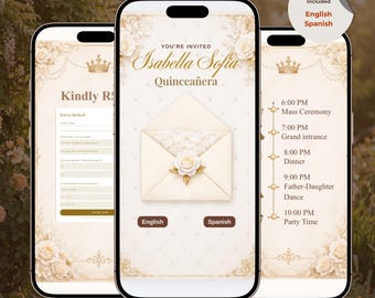 Könnte beinhalten: Drei Smartphones zeigen eine digitale Quinceañera-Einladung für Isabella Sofia. Die Bildschirme haben einen cremefarbenen Hintergrund mit goldenen Kronen- und Rosenakzenten, eine Umschlag-Grafik und Text zum Zeitplan.