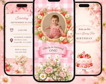 Könnte beinhalten: Drei Smartphones zeigen eine rosa Geburtstagseinladungsvorlage mit Erdbeermotiv. Die Bildschirme zeigen einen Bilderrahmen mit einem Baby, Blumenarrangements, eine Geburtstagstorte mit einer Kerze in Form einer Eins und den Text Olivia is turning ONE.