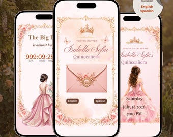 Interaktive Website-Einladung zur Quinceañera | Canva-Vorlage „Sweet 15“ in zartem Rosa (Englisch/Spanisch)
