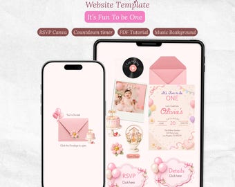 Könnte beinhalten: Eine digitale Website-Vorlage für Geburtstage, angezeigt auf einem Smartphone und Tablet. Das Design zeigt rosa Umschläge, Luftballons, einen Kuchen und einen Bilderrahmen. Der Text umfasst "Birthday Website Template" und "It's Fun To be One".