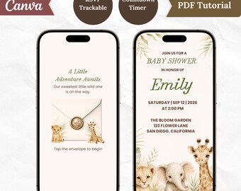 Könnte beinhalten: Zwei Smartphones zeigen eine digitale Vorlage für eine Babyparty-Einladung. Die Bildschirme zeigen Safari-Tierillustrationen, darunter einen Löwen, einen Elefanten und eine Giraffe, mit dem Text A Little Adventure Awaits und Join Us For A Baby Shower.