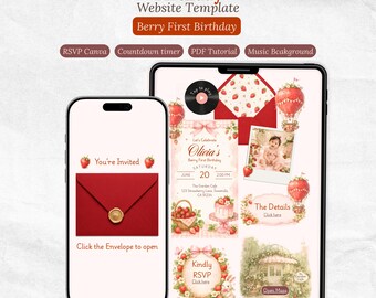 Könnte beinhalten: Eine digitale Geburtstag-Website-Vorlage für einen ersten Geburtstag mit Erdbeermotiv, angezeigt auf einem Smartphone und Tablet. Die Bildschirme zeigen Erdbeergrafiken, rote Umschläge mit Wachssiegeln, Heißluftballons und Text.