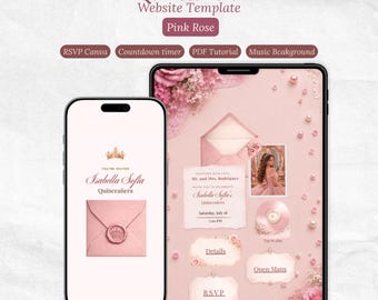 Könnte beinhalten: Eine Quinceañera-Website-Vorlage im Pink-Rose-Design, dargestellt auf einem Smartphone und einem Tablet. Die Bildschirme zeigen Einladungstexte, ein Foto, einen Umschlag mit Wachssiegel sowie Schaltflächen für Details, Open Maps und RSVP.