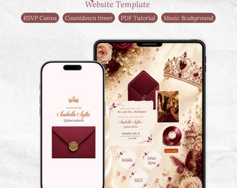 Könnte beinhalten: Eine Quinceañera-Website-Vorlage auf einem Smartphone und Tablet. Das Design zeigt burgunderrote Umschläge, eine goldene Krone, florale Akzente und Text wie RSVP Canva, Countdown timer, PDF Tutorial und Music Background.