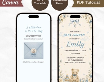 Könnte beinhalten: Zwei Smartphones mit einer digitalen Babyparty-Einladung. Der linke Bildschirm zeigt einen Umschlag mit einem Teddybären-Siegel und dem Text A Little One Is On The Way. Der rechte Bildschirm zeigt eine blaue Schleife, einen Teddybären und Details.