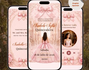 Könnte beinhalten: Drei Smartphones mit digitalen Quinceañera-Einladungen in zarten Rosatönen. Die Bildschirme zeigen verzierte Spitzenränder, Satinschleifen, Perlenakzente und Text, darunter "Isabela Sofía Quinceañera" sowie "18 de julio de 2026".