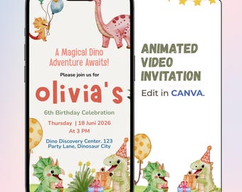 Könnte beinhalten: Eine digitale Geburtstagseinladung auf einem Smartphone-Bildschirm mit Aquarell-Dinosauriern, Luftballons und Geschenken. Der Text lautet: A Magical Dino Adventure Awaits! Olivia's 6th Birthday Celebration, Donnerstag, 18. Juni 2026, um 15 Uhr, Dino Discovery Center.
