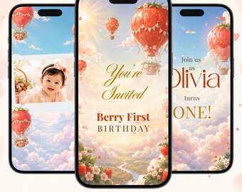Könnte beinhalten: Drei Smartphones zeigen eine digitale Geburtstagseinladungsvorlage mit erdbeerförmigen Heißluftballons in einem bewölkten Himmel. Die Bildschirme zeigen Text wie You're Invited, Berry First BIRTHDAY und Join us as Olivia turns ONE!
