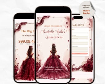 Könnte beinhalten: Drei Smartphones zeigen eine digitale Einladungsvorlage für eine Quinceañera. Die Bildschirme zeigen eine zentrale Illustration einer Person in einem dunkelroten Ballkleid mit Krone, umgeben von Blumenakzenten, Text und einem RSVP-Formular.