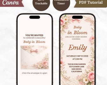 Könnte beinhalten: Zwei Smartphones mit einer digitalen Einladungsvorlage für eine Babyparty. Der linke Bildschirm zeigt eine Umschlag-Grafik mit dem Text 'YOU'RE INVITED to celebrate a beautiful Baby in Bloom'. Der rechte Bildschirm zeigt die Details für Emily am 12. Sep 2026.