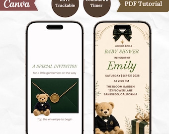 Könnte beinhalten: Zwei Smartphones zeigen eine digitale Vorlage für eine Babyparty-Einladung. Die Bildschirme zeigen einen Teddybären in einem marineblauen Blazer, einen dunkelgrünen Umschlag mit Wachssiegel, eine karierte Fliege und die Veranstaltungsdetails.