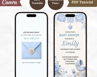 Könnte beinhalten: Zwei Smartphones zeigen eine digitale Babyparty-Einladung. Der linke Bildschirm zeigt einen Umschlag mit dem Text "¡ESTÁS INVITADO! Our little cielito is on the way. Open with Love. Tap the envelope to begin." Der rechte Bildschirm zeigt die Veranstaltungsdetails.