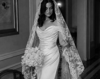 Velo da sposa in pizzo stile cattedrale, mantiglia a un solo strato, fuga d'amore in municipio, per la futura sposa, romantico stile vintage, copricapo con ciglia floreali