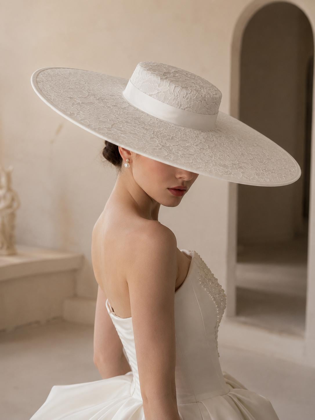 Wide Brim Vintage Lace Bridal Hat, Flat Top, Wedding & Bridal…