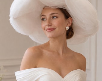 Oversized Tulle Bridal Veil Hat, Ruched Cloud Structure, Elopement Courthouse, for Bride to Be, Vintage Statement Headpiece