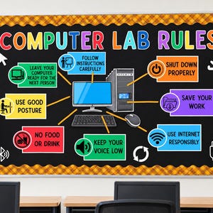 Anslagstavla för datalaboratorieregler utskrivbar, dekoration för datorklassrum, teknikklassrum, digital nedladdning för tillbaka till skolan i PDF-format