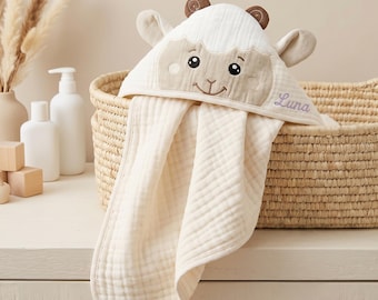 Personalized Animal Baby Hooded Towel, Muslin Cotton, Newborn Gift, Bath Towel
