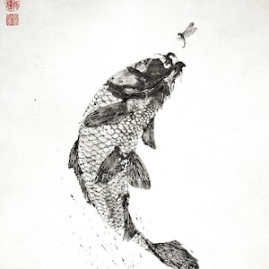 May include: Black and white ink drawing of a fish jumping out of the water with a dragonfly above it. The fish is detailed with scales and fins. The background is a light gray with black ink splatters.