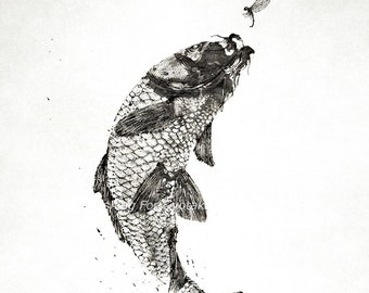 CELESTIAL KOI - Underside of Japanese Koi Leaping at Dragonfly - Gyotaku giclee print - traditional Japanese fish art by Dwight Hwang