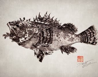 Scorpionfish Rockfish (Kasago) - GYOTAKU print - traditional Japanese fish art by Dwight Hwang