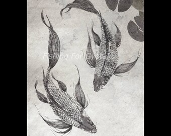 Par de carpas koi japonesas - Impresión giclée Gyotaku - Arte tradicional japonés de peces de Dwight Hwang