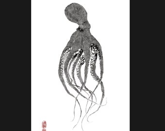 Octopus Guardian - Gyotaku reproduction print - traditional fish art by Dwight Hwang