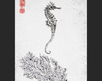 Seepferdchen in Gyotaku mit Fächerdruck - traditionelle japanische Fischkunst von Dwight Hwang