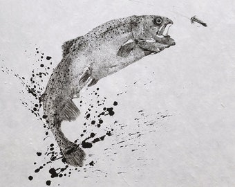 Trout & Fly - fly fishing - GYOTAKU print - traditional Japanese fish art by Dwight Hwang
