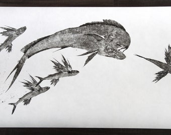 Reproducciones de edición limitada de impresiones Gyotaku de "Singled Out" en papel washi japonés: mahi, pez volador y dorado, de Dwight Hwang