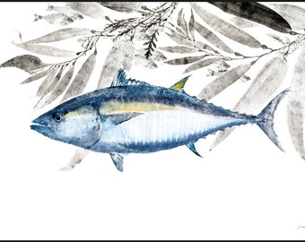 Bluefin Tuna "Sneaking Past Bluefin" - reproduction gyotaku print - traditional fish art by Dwight Hwang