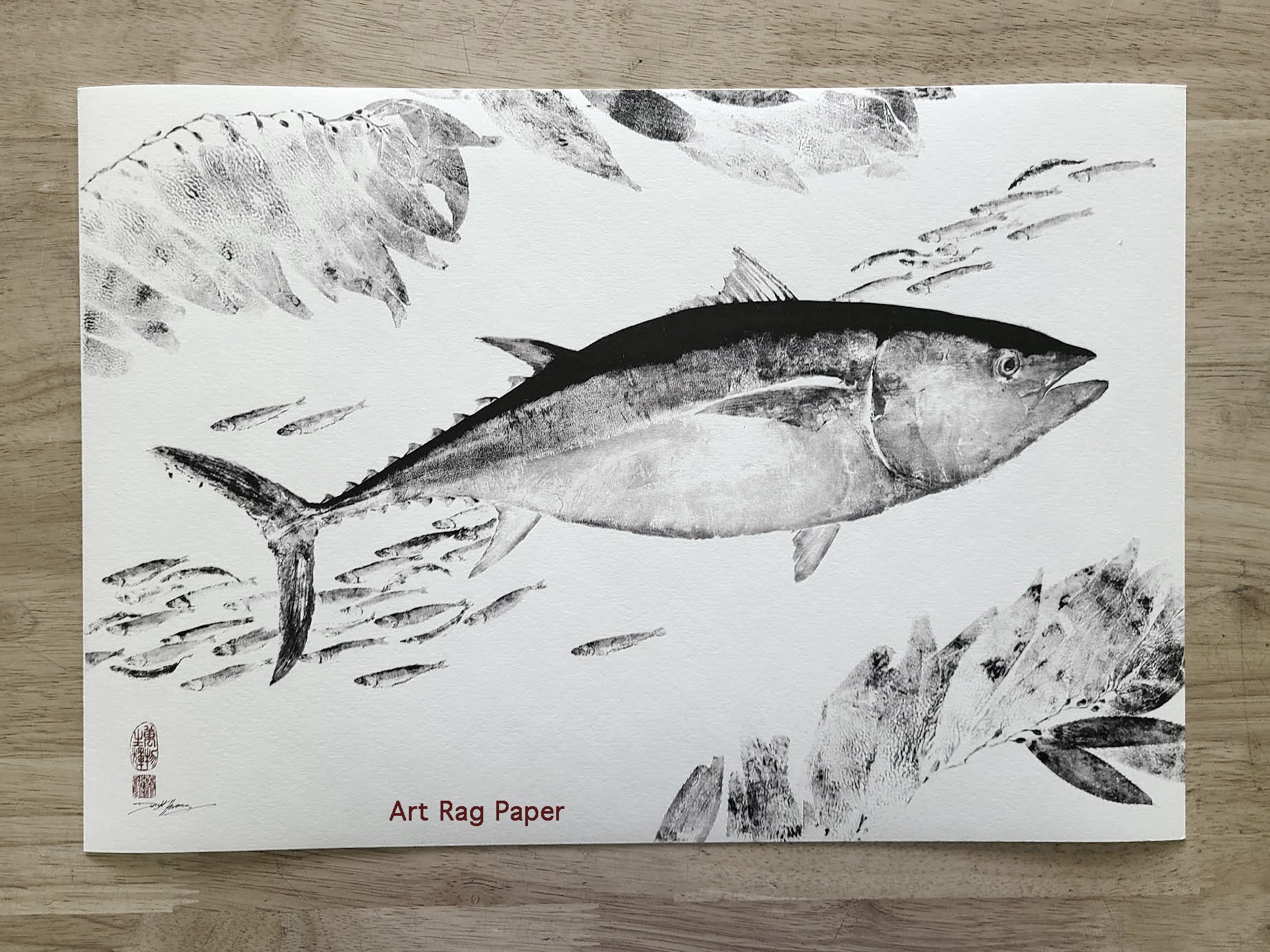 シーラカンス「生きた化石」魚拓、黒地に白インク - ドワイト
