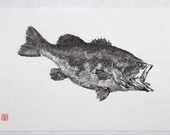Black Bass or Largemouth Bass reproduction GYOTAKU print - traditional Japanese fish art by Dwight Hwang