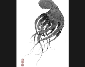 OCTOPUS Gyotaku print "Flow of Water" #2 - traditional Japanese fish art by Dwight Hwang