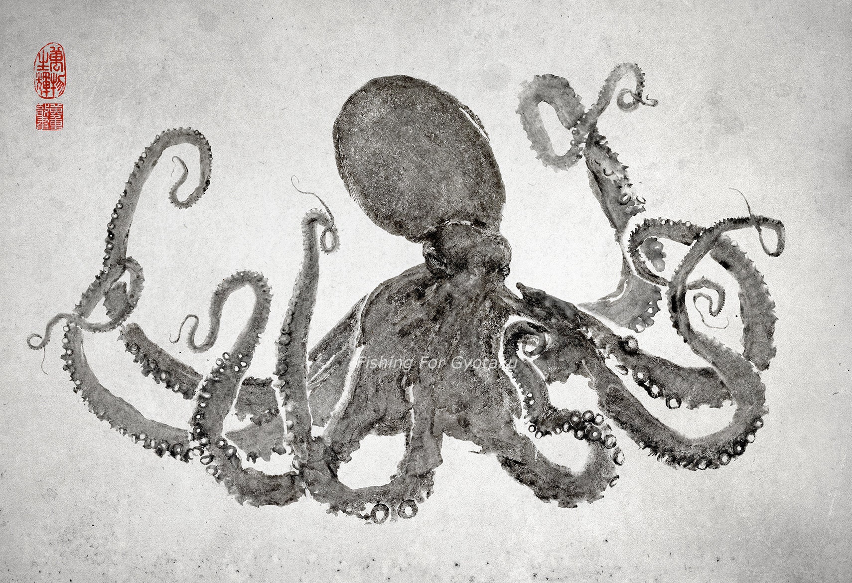 Pacific Giant Octopus underwater Crown Gyotaku Print Traditional