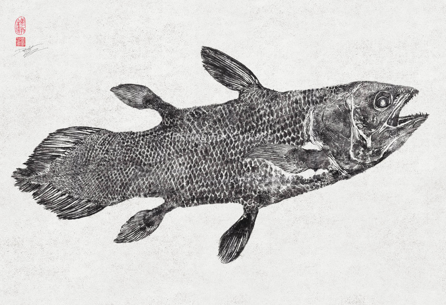 日本画「シーラカンス」 シーラカンス「生きた化石」魚拓、黒地に白インク - ドワイト